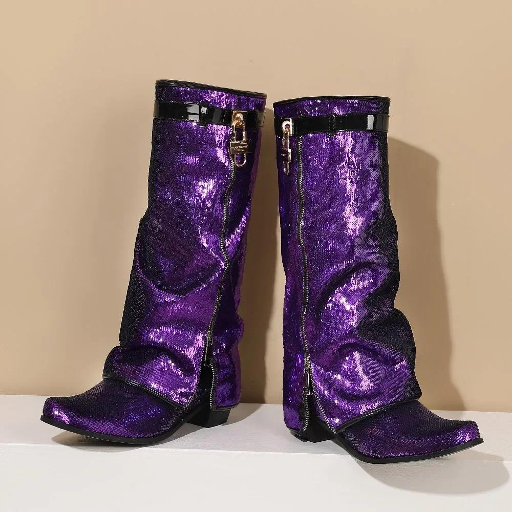 Lesklé flitrované látkové kozačky nad koleno s ohrnutým horním lemem Dámské s blokovým podpatkem Růžovo-zlaté Párty Kulatá špička Zámek Pásek Zip Bling Dlouhé kozačky k sukni