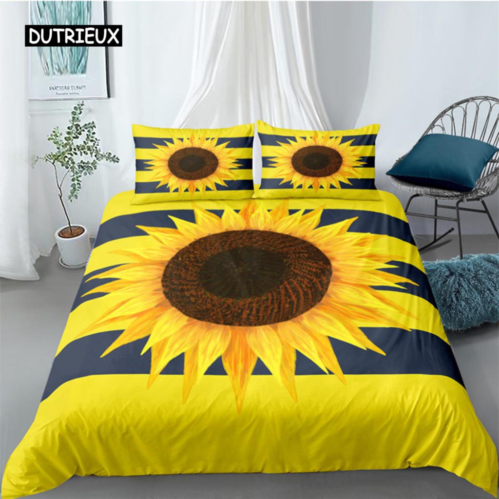 Duvet Cover Sunflower Yellow Flower Bedding Set Farmhouse Green Leaves Floral Quilt Cover for Women Girl Bedroom Decorations