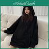 Hoodie Women Autumn Winter Cartoon Cat Ear Hooded Drawstring Thick Pullover Loose Solid Color Elastic Cuff Mid Length Warm Lady Hoodie