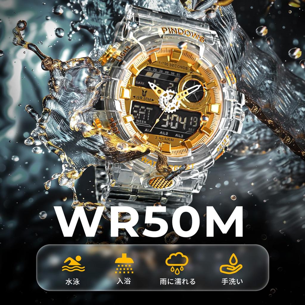 PINDOWS Transparent Gold Dual 50m Water LED Alarm and Perfect for Outdoor and Everyday Wear Men's Watch, Analog-Digital Time, Resistant, Backlight,