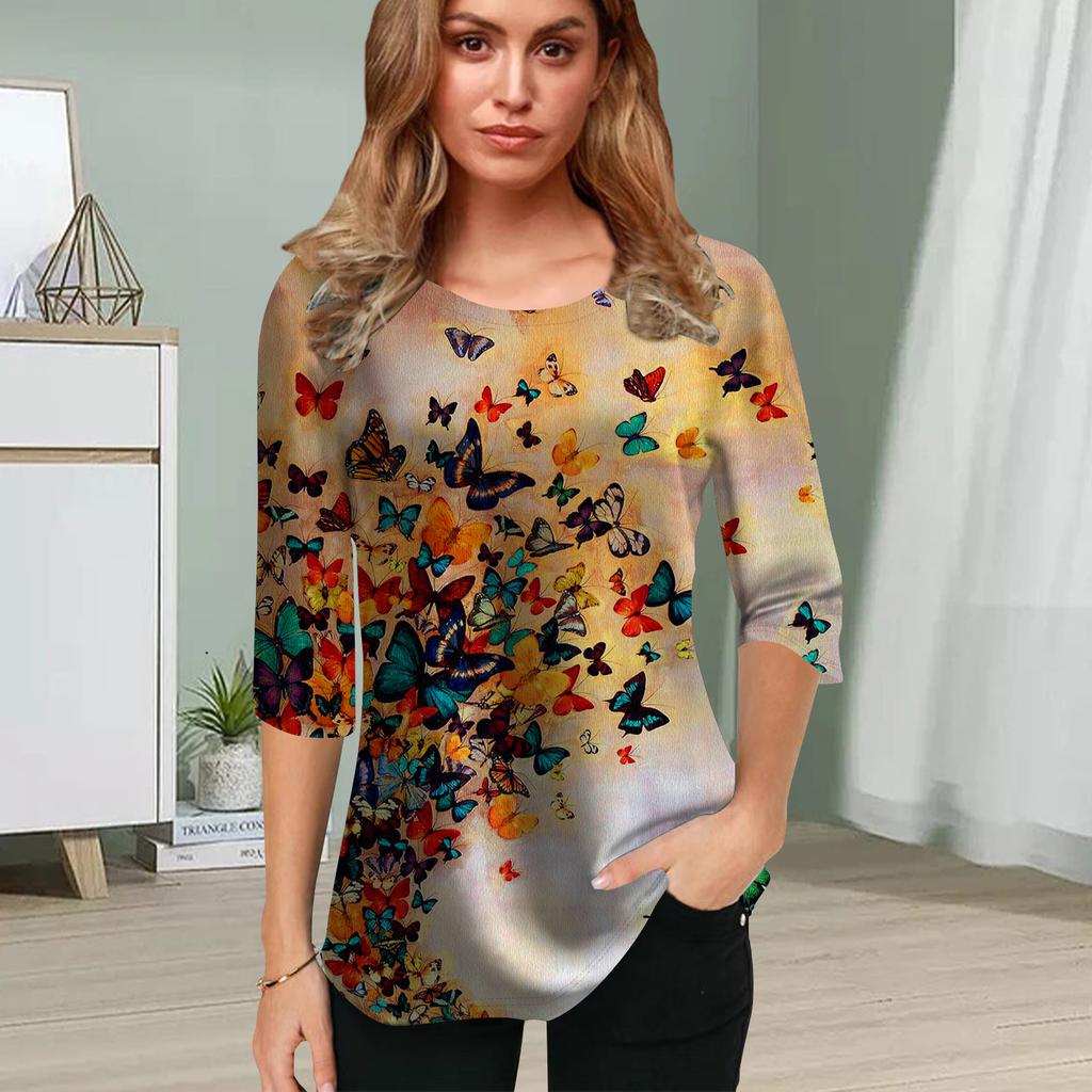Womens Blouse 3D Black Butterfly Printing Flower Half Sleeve Tops Summer Casual Tops Printed Round Neck Half Sleeve T Shirt