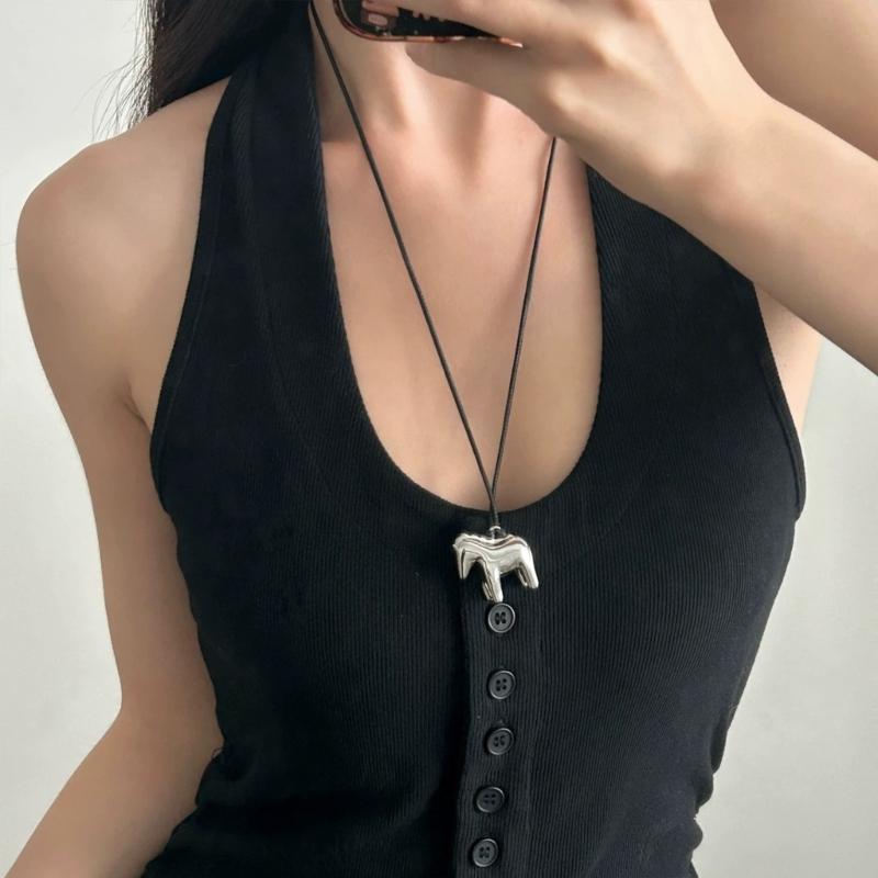 Soft Leather Cord Necklace Featuring Detailed Horse Charm Fashionable for Women