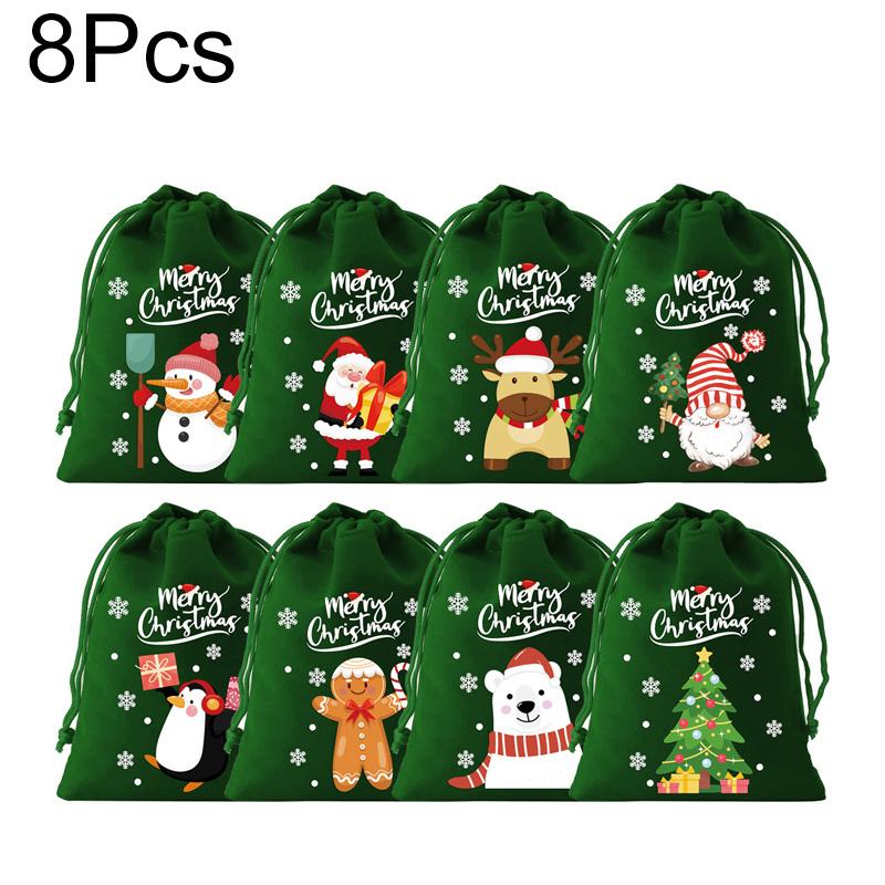 

6/8/12 шт. Подарочные мешочки на кулиске Красные Зеленые с мультяшным узором Упаковочные мешки 2025 для праздничных сувениров Бархатный рождественский мешочек для конфет 10*15cm