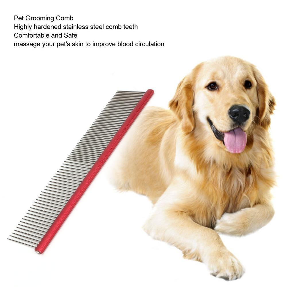 Non Slip Handle Pet Straight Comb Metal Cat Hair Comb Dual Teeth Comb Daily Fur Care Red 16cm