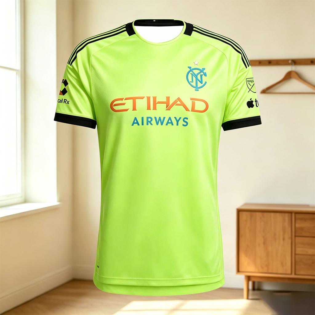 Unisex Černý venkovní fotbalový dres NYCFC s potiskem Etihad Airways Rychleschnoucí Krátký rukáv Kulatý výstřih Fotbalový fanoušek Tréninkové Sportovní trička