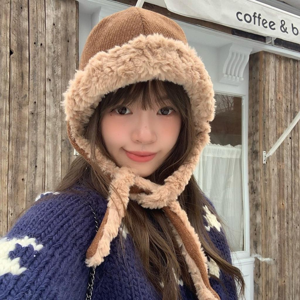 Japanese Cute Ear Protecting Lei Feng Hat for Women In Winter Keeping Warm and Showing Face  Small Straps Cold Proof Ear Protecting Flying Hat