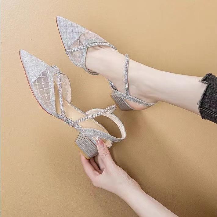 Baotou one-word sandals women's thick heel 2025 new summer mesh rhinestone high heels low heel French pointed shoes