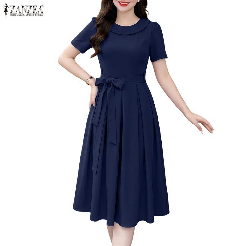 ZANZEA Damen Elegantes Rundhals Lässiges Kurzarmkleid