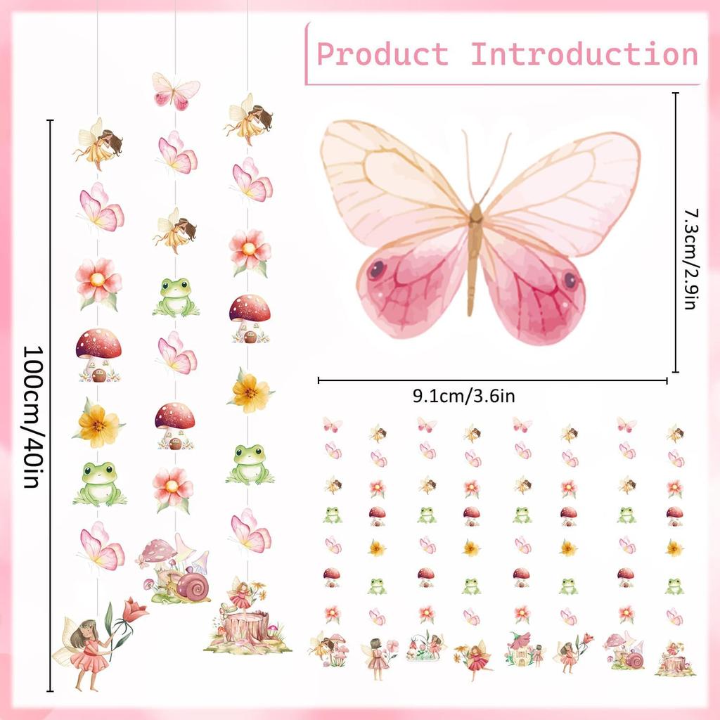 Fairy First Birthday Party Decorations, 8PCS Fairy Hanging Garland Banners Decor Butterfly Flower Fairies Theme Hanging Banner Decor for Wall Ceiling