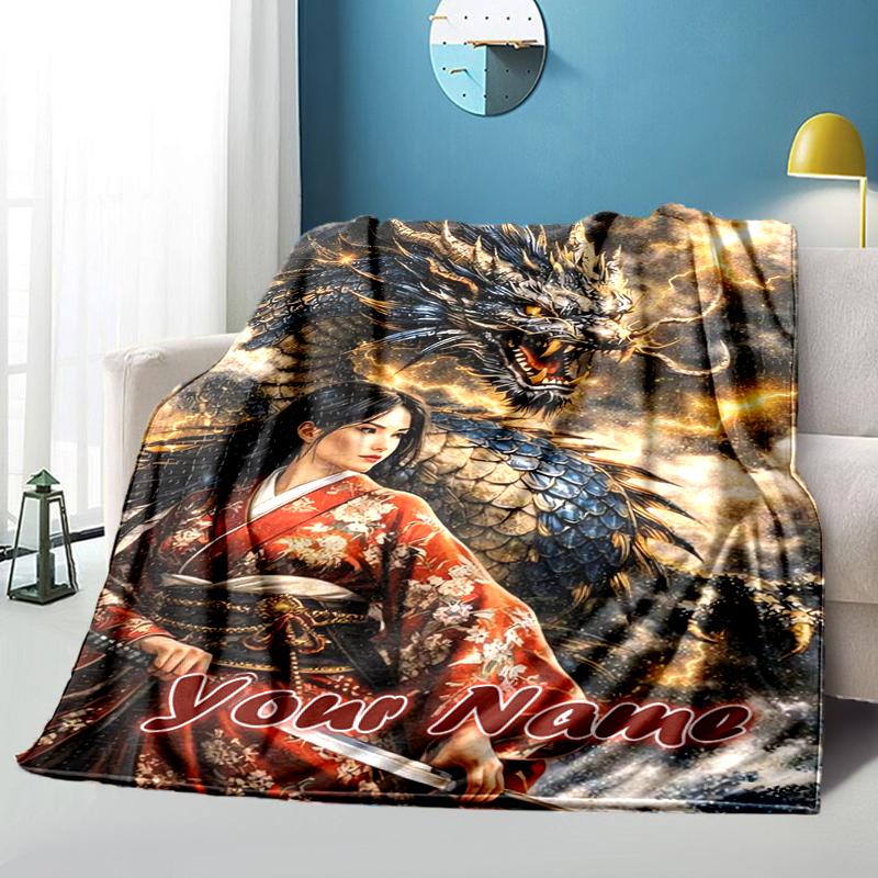1PC Custom Name Dragon Kimono Warrior Flannel Blanket Versatile,all-season Throw Suitable for the Living Room,bedroom,camping,travel,and Gift