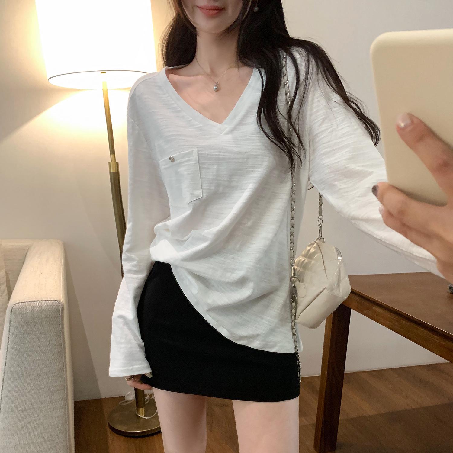 Women s Loose V-Neck Gray Cotton Long Sleeve Top - Spring 2026 Korean Style Extra Large белый