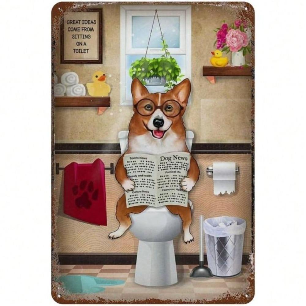 Vintage Metal Sign Funny Corgi Dog Reading Newspaper Rustic Wall Art Decor for Bathroom Living Room