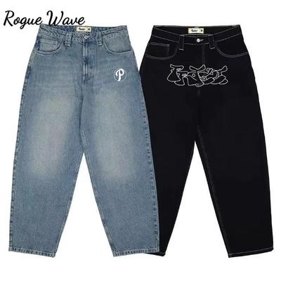 RogueWave Streetwear Y2K Hip Hop Retro Blue Loose Jeans Harajuku Jeans High Waist Loose Letter Embroidered Trousers
