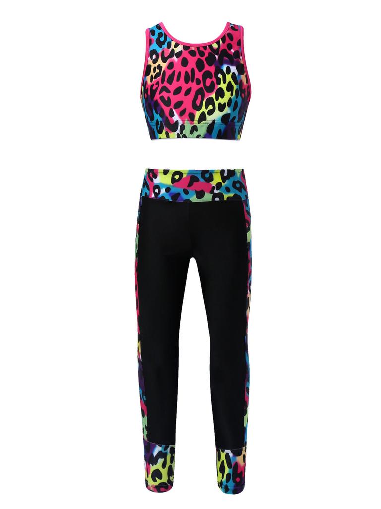 2Pcs Elastic Waistband Long Leggings Pants + Sleeveless Mesh Racer Back Tanks Tops Digital Print Gym Dancewear Outfit