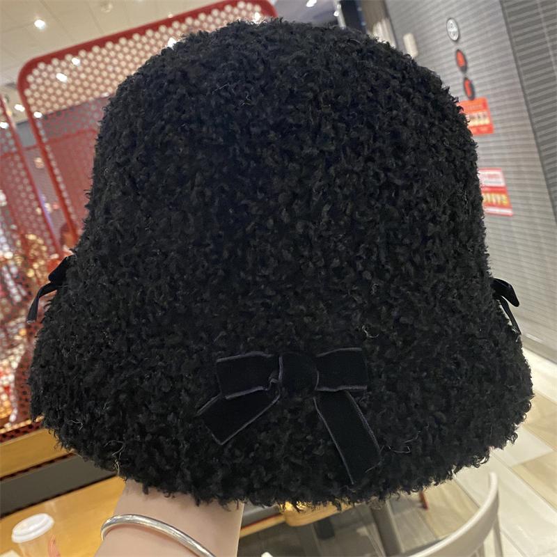 

Bow plush fisherman hat children autumn and winter travel warm face bucket hat new Adult (56-58cm)