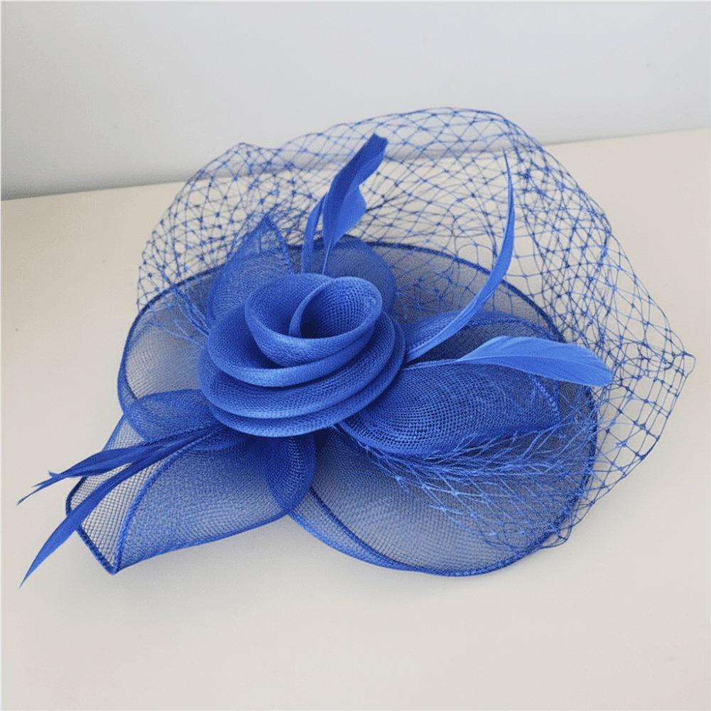 

Bride Headdress Vintage Style Fascinator Hat Feather Mesh Sweet Bow Veil Hat Exquisite Elegant Fancy Flower Headpiece Party Hats синій