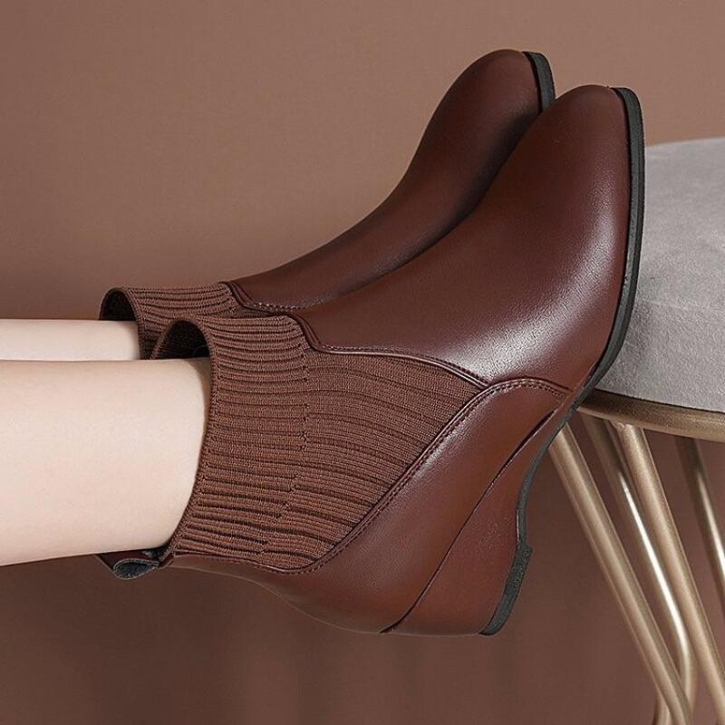 Winter velvet wedge heel round head soft leather short boots women's new short boots medium heel one pedal wool short women's boots