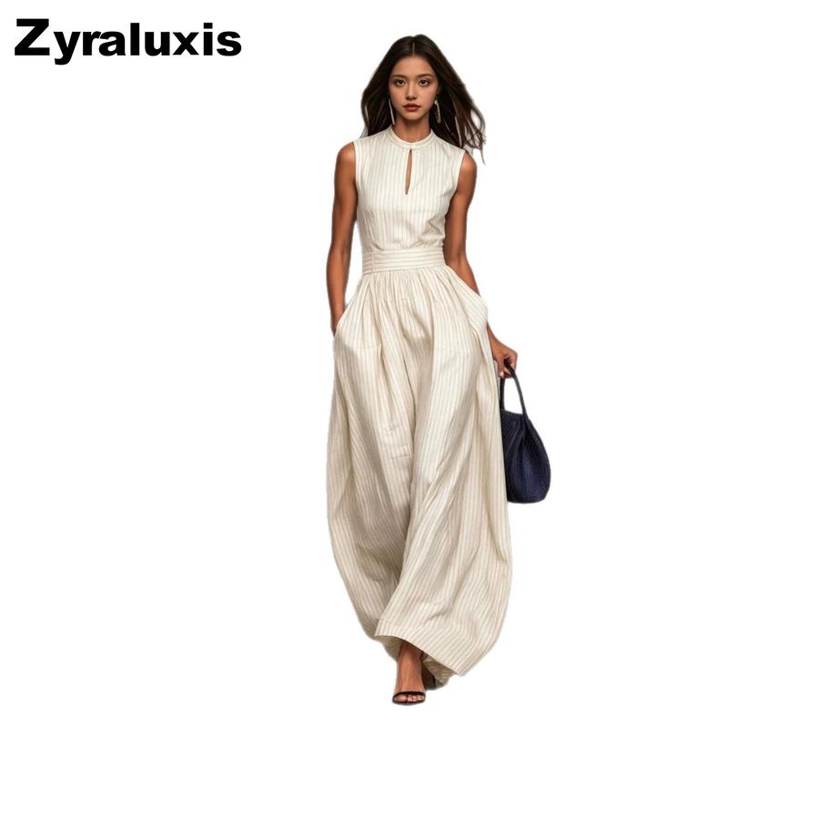 Tuta da Donna Senza Maniche a Righe Blu Scuro Wind, Vita Larga, Gamba Larga, Stile Lungo Elegante Moda
