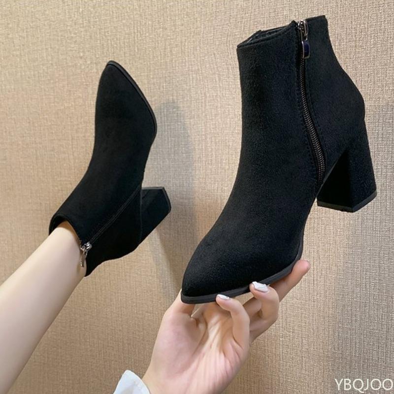 Fashion Women's Warm Boots Fashion Mid Heel Autumn New Style Side Zipper Suede Tip Versatile Comfortable Coarse Heel Women's Shoes