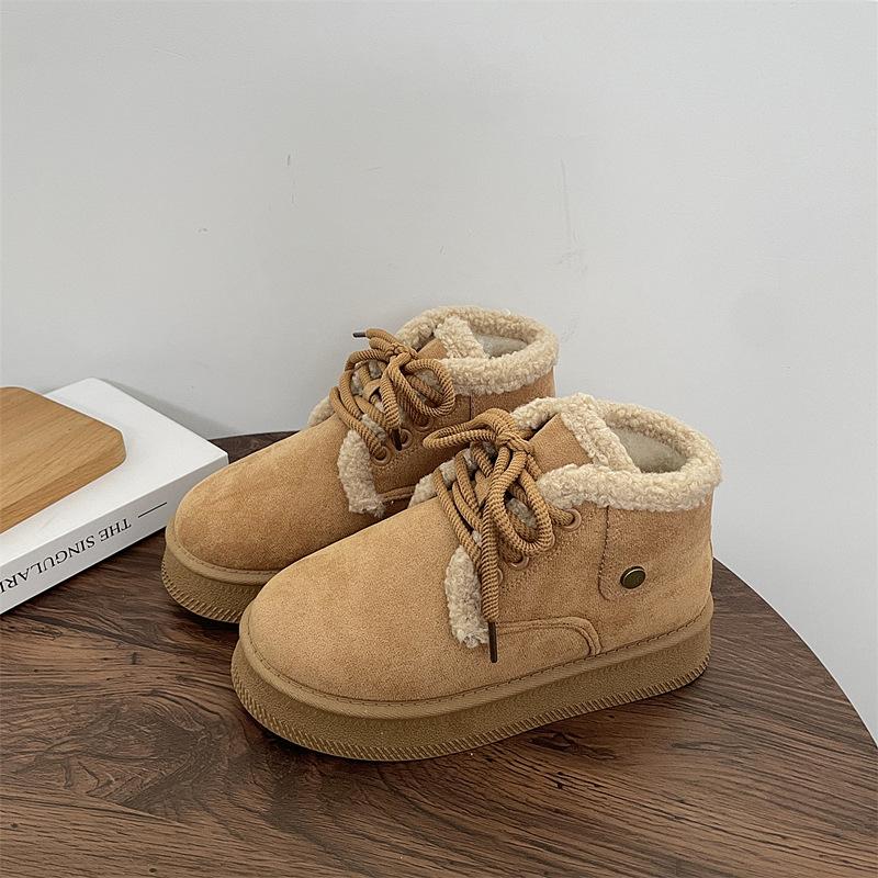 Comemore Bread Snow Boots Women Winter Casual Padded Thickened Shoes for Women Flat Bottom Lace Up Platform Warm Cotton Shoes