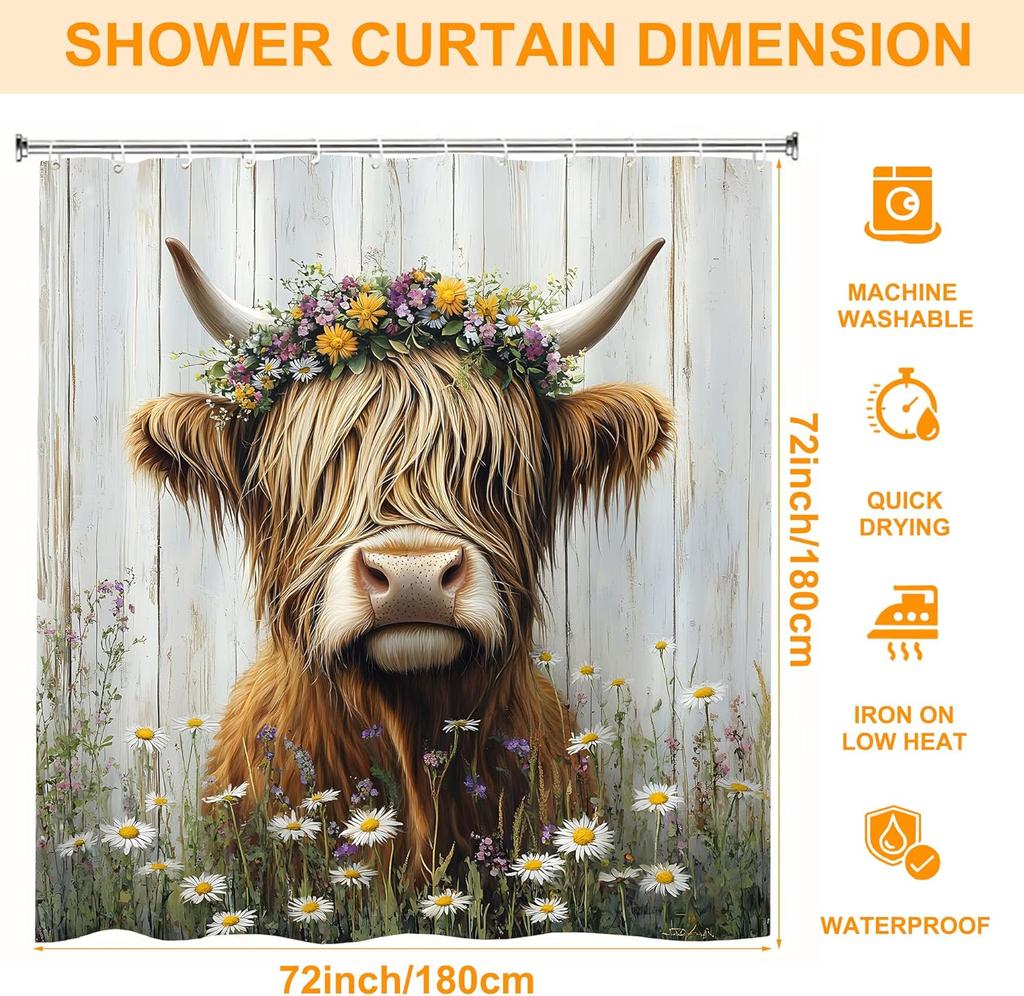 Highland Cow Rustic Flowers Shower Curtain,Bathroom Shower Curtains Bathtub Home Decor Waterproof Fabric Machine Washable with 1