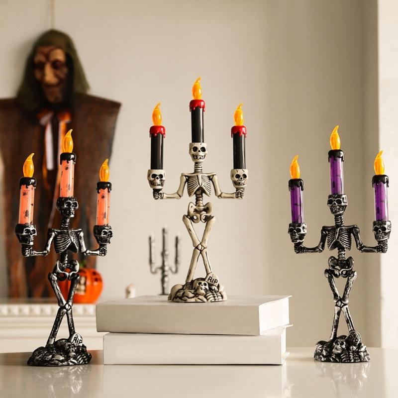 Skull Candelabra Halloween Decoration Skeleton Candlestick with Flameless Candle LED Light for Mantels Tabletop Porch