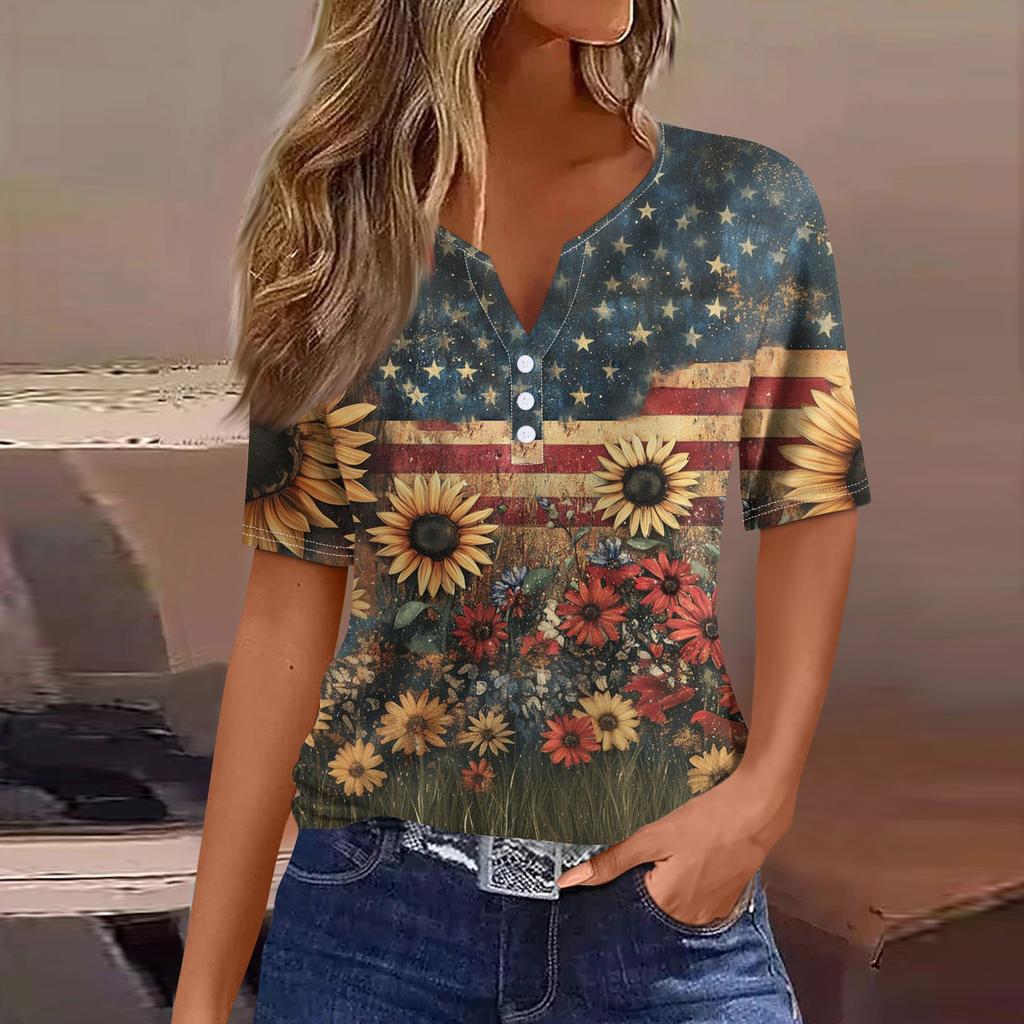 Damen-T-Shirt, T-Shirt, bedruckt, Knopfleiste, kurzärmelig, für den Alltag, Wochenende, modisch, Basic, V-Ausschnitt, normales Oberteil