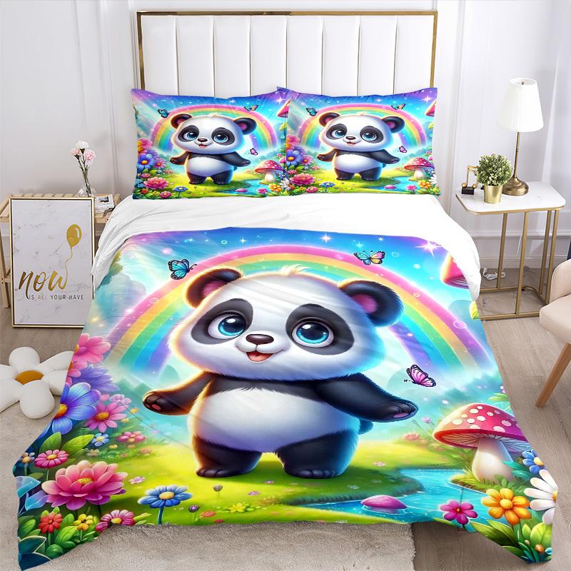 3pcs Rainbow Panda Bedding Set - Includes One Quilt Cover and Two Pillowcases (No Core) - Festival Gift for Bedroom Decor - Anime Cartoon De