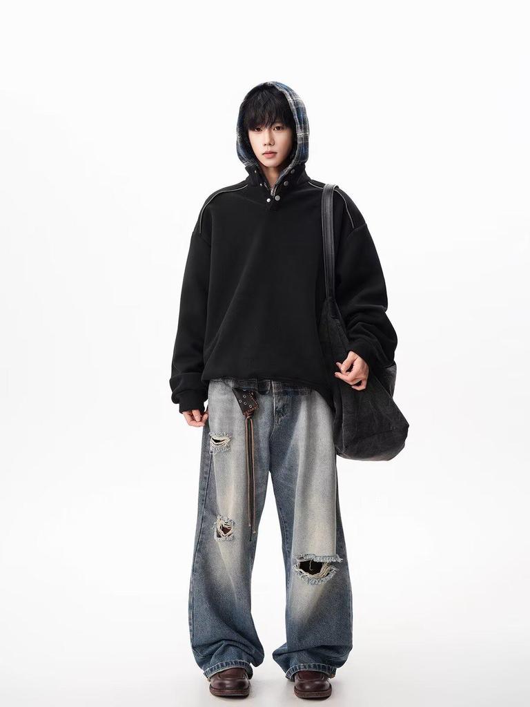 Men's Autumn Trendy Half-Zip Stand Collar Velvet Hoodie