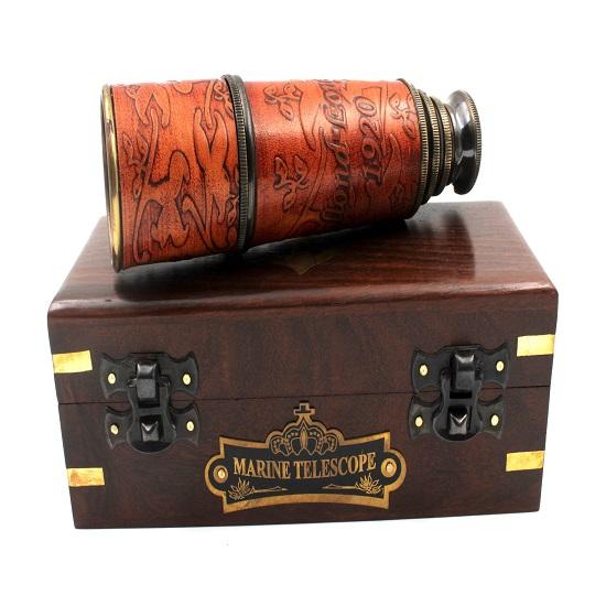 Look Nautical Brass and Leather Functional Telescope Wooden Case Pirate Spyglass, Sailor Gift Ideas, Collectible Home  Office Décor