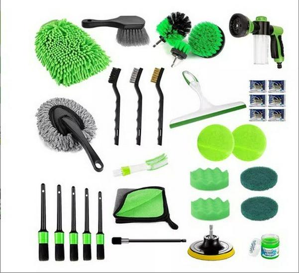 Car Cleaning Kit: 17-Piece Set with Drill Brush, Wheel Brush, Crevice Brush, Sponge, Glove for Interior & Exterior.