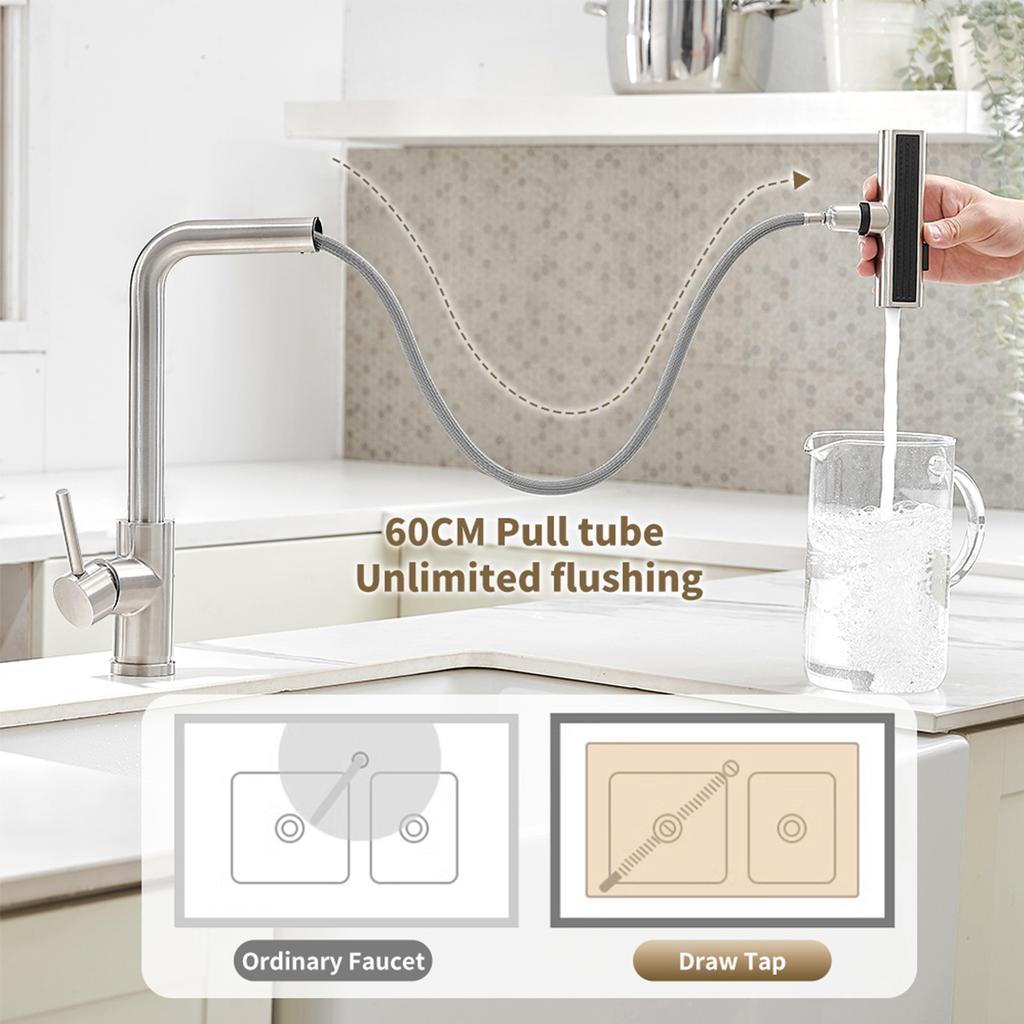 Black 304 Stainless Steel Pull-out Kitchen Faucet Waterfall Hot And Cold Mixed Water Sink Tap Multi-function Rinse Rotate 3668