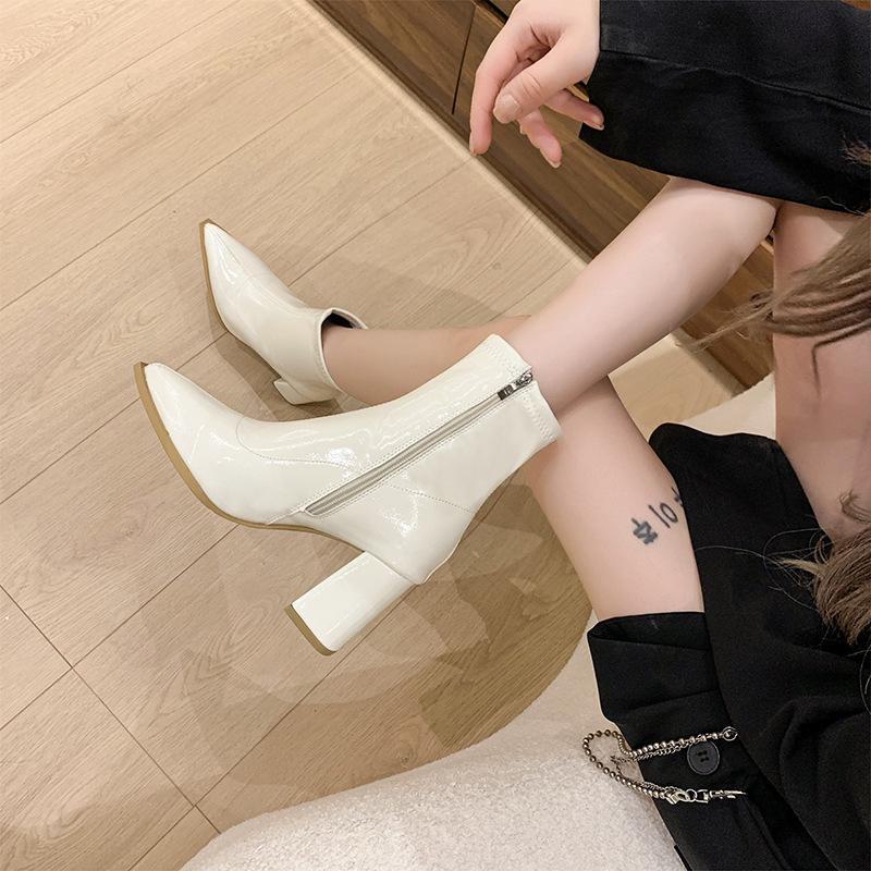 Women's Slim Pointed High-Heeled Ankle Boots - French Style, Fall/Winter 2024, Thick Heel, Outdoor Martin Style