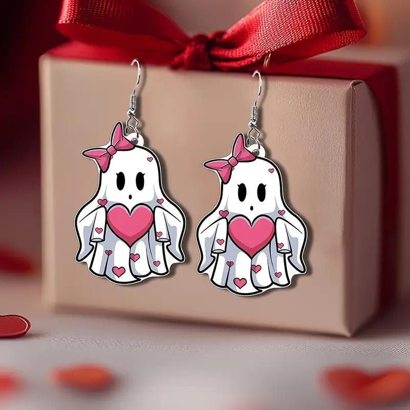 Cross Border Cute Charming Heart Bow Ghost Earrings Valentine s Day Acrylic Halloween Ghost Earrings