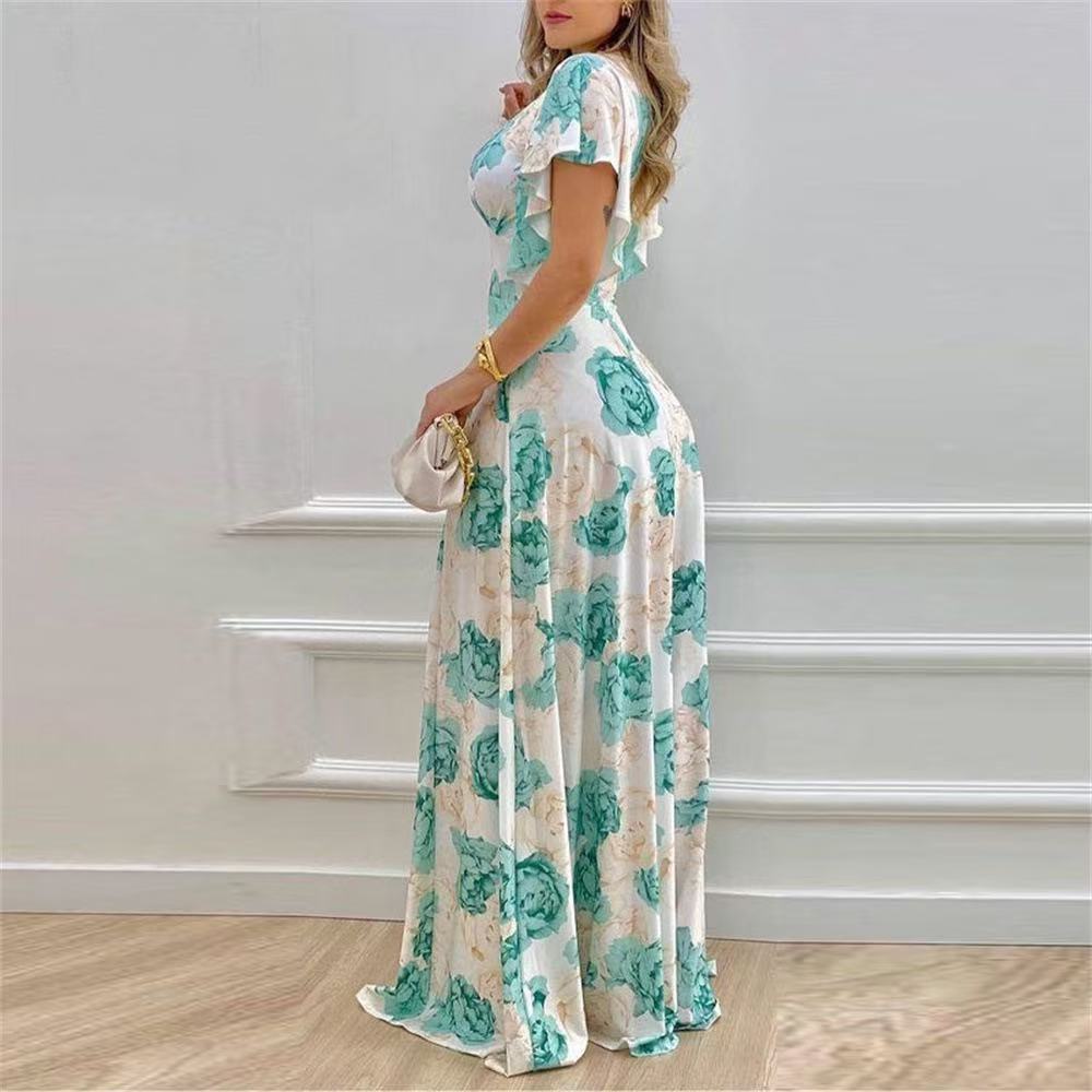 Summer V-neck Temperament Elegant Large Size Printing Dress Big Swing Dress Women's Clothing