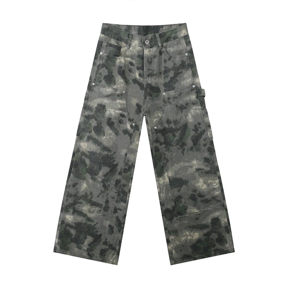 | Camouflage alt verblasst Patchwork Dekonstruktion Workwear gerade weiter Bein Jeans lässig Trend
