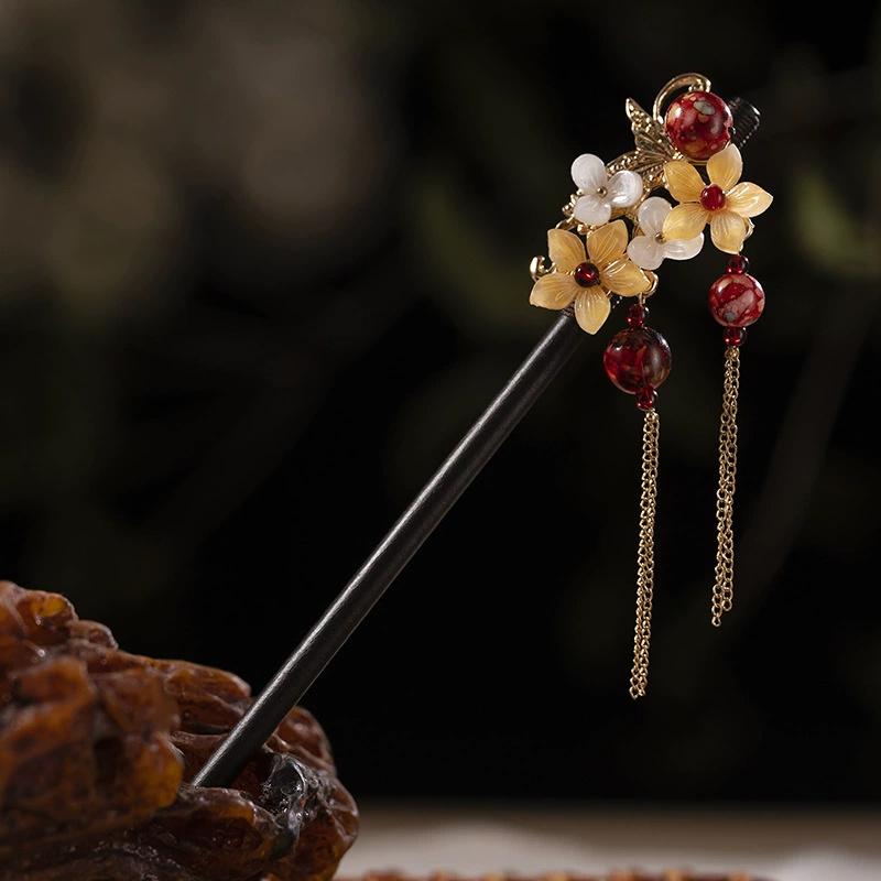 1Pc Wooden Hairpin Headwear for Women'S Chinese Flower Tassel Hair Sticks Headdress Elegant Hair Styling Accessories Gifts