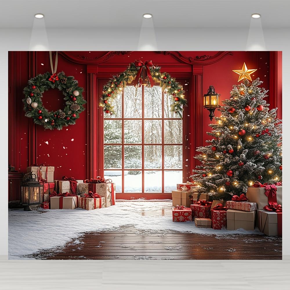 1 Piece Winter Christmas Scene Backdrop with Snowy Windows and Christmas Tree  Extra Large Outdoor Festive Wall Decor
