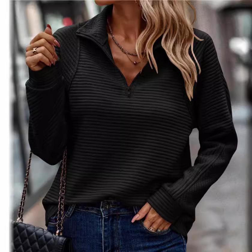 Women's Long Sleeve Half Zip Top with Striped Texture in Multiple Colors