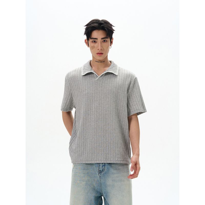 Kisko Simple High Sense of Knowledge Hand Sewing Patchwork Polo Lapel Short Sleeve T-shirt Men and Women Cleanfit Texture Top