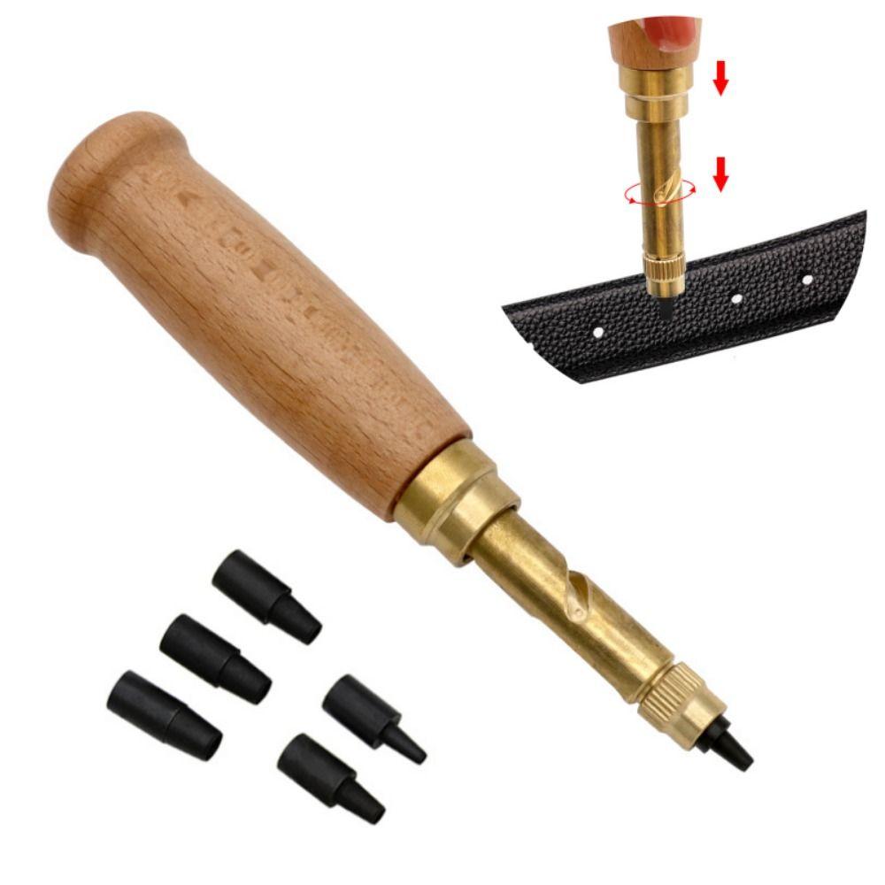 Wooden Handle Belt Hole Puncher 6 Tips Size Automatic Punching Tool Screw Punch  Wristband