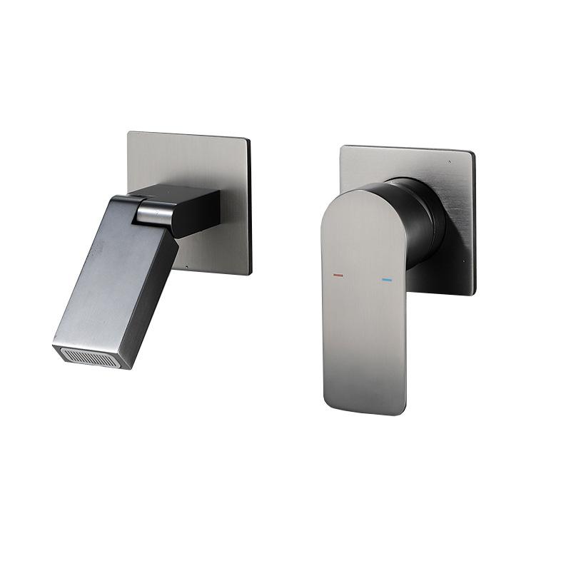 Baterie Lavoar Baie Montată pe Perete Alamă Dublă Comandă Mâner Unic Mixer Robinet Chiuvetă Apă Caldă și Rece Gri/Auriu Periat