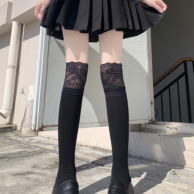 White Lace Calf Socks Women'S Lolita Medium Long Over Knee Socks With High Boots Sweet Thigh Pile Socks