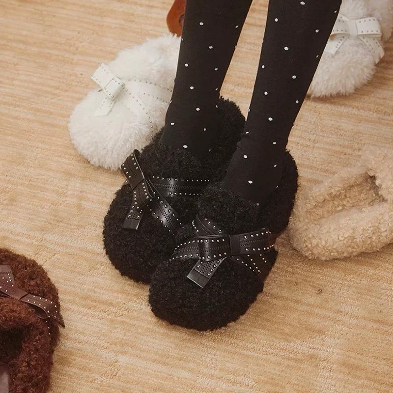 Retro Thick-soled One-pedal Slippers Velvet Cotton Shoes Autumn and Winter Design Sense Fashion French Casual Fluffy Shoes Women's Shoes