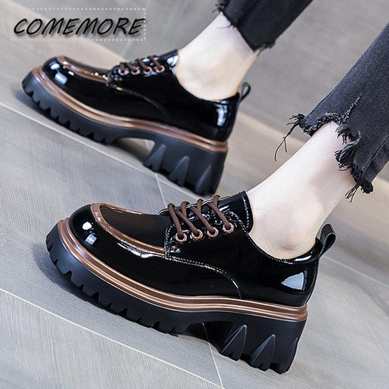 British Style Chunky Platform Pumps Casual Women's  Autumn Lace Up Thick Heels Loafers Woman Round Toe Patent Leather Shoes