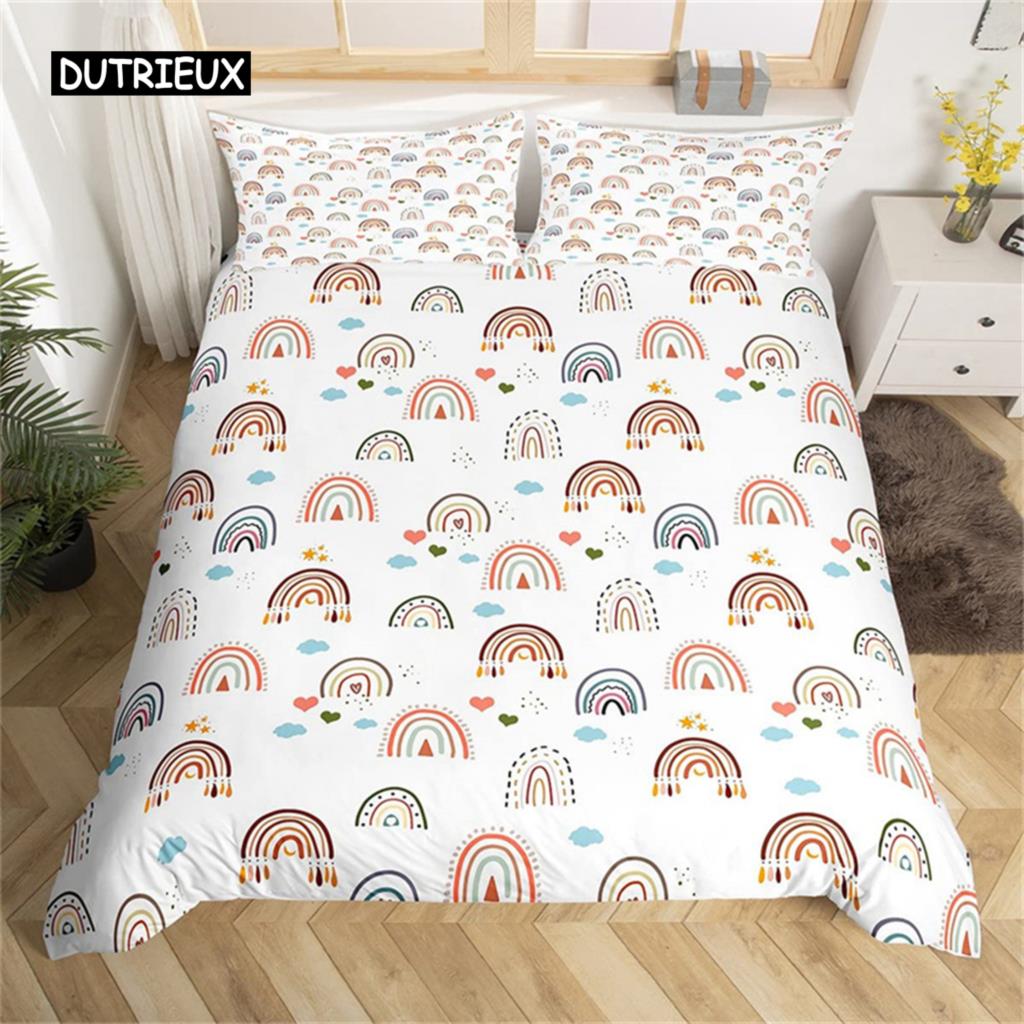 Cute Rainbow Duvet Cover Set Single for Microfiber Cartoon Bedding Set Sun Moon Star Comforter Cover Teens Girls Room Decor