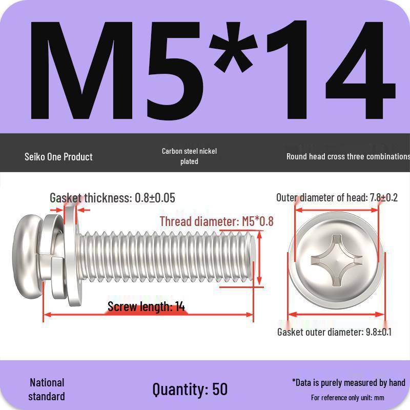 Nickel-Plated Phillips Pan Head Screw with Washer, M2-M6 Thread