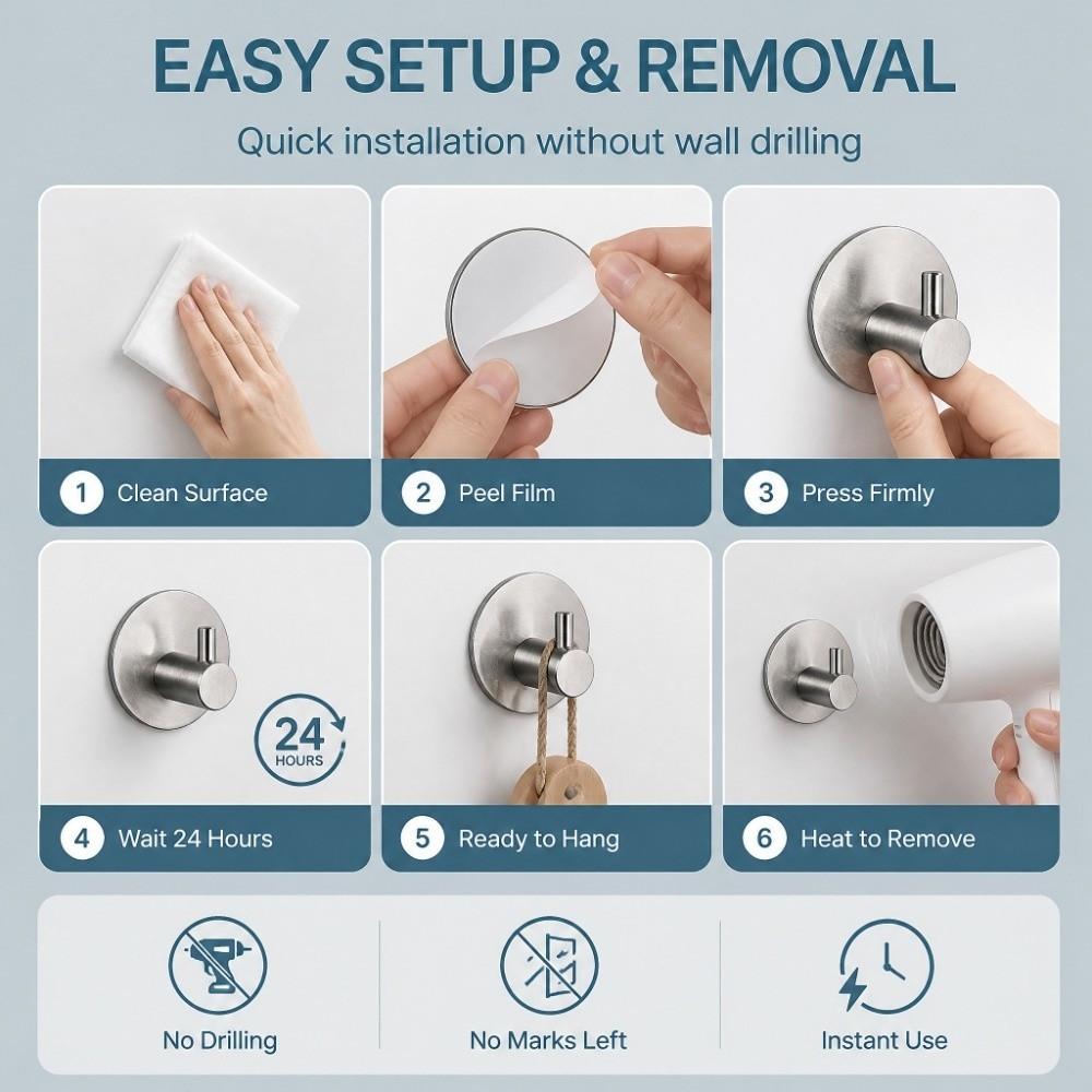 4 PCS Stainless Steel Adhesive Hook Black Silver Towel Hook Durable Wall Hook Space Saving