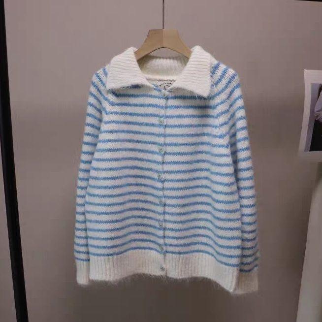 WTEMPO Women's Retro Striped Lapel Long Sleeved Knitted Sweater Loose Sweater Cardigan