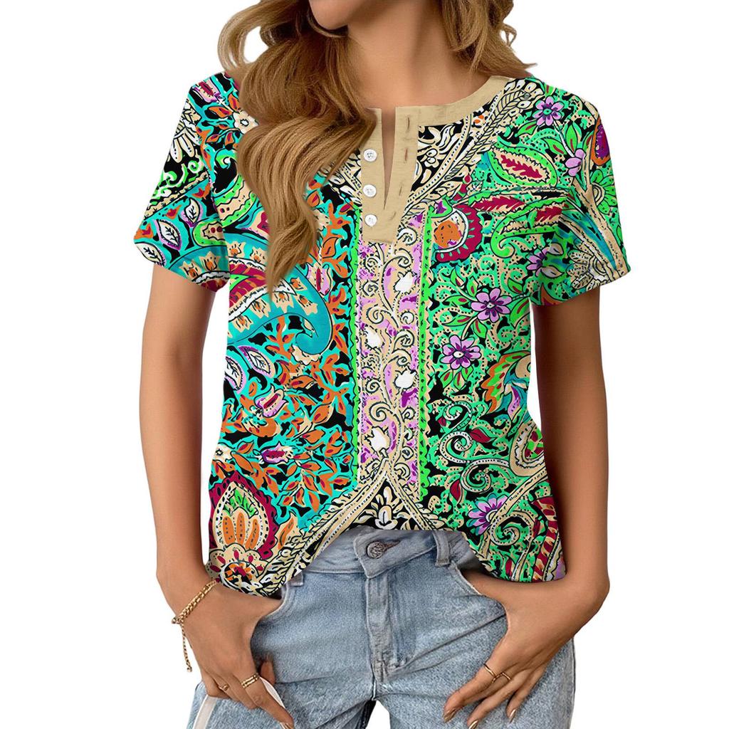 Modieuze Casual Dames Zomer Top met Retro Print, V-hals, Knopen en Korte Mouwen